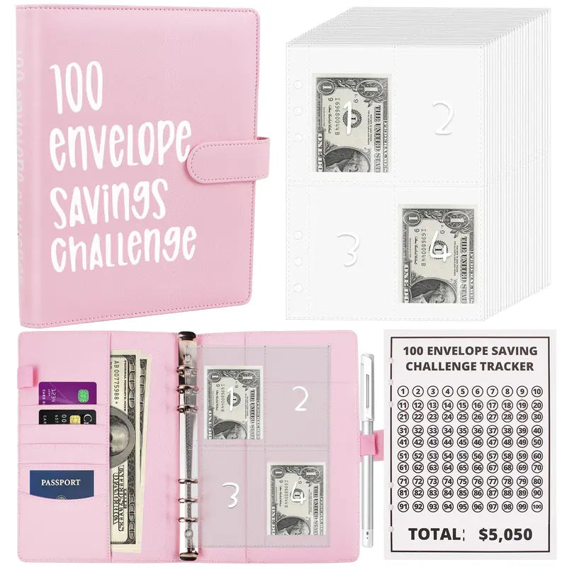 100 Envelope Money Saving Challenge Binder – A5 PU Leather Budget Planner with Cash Envelopes