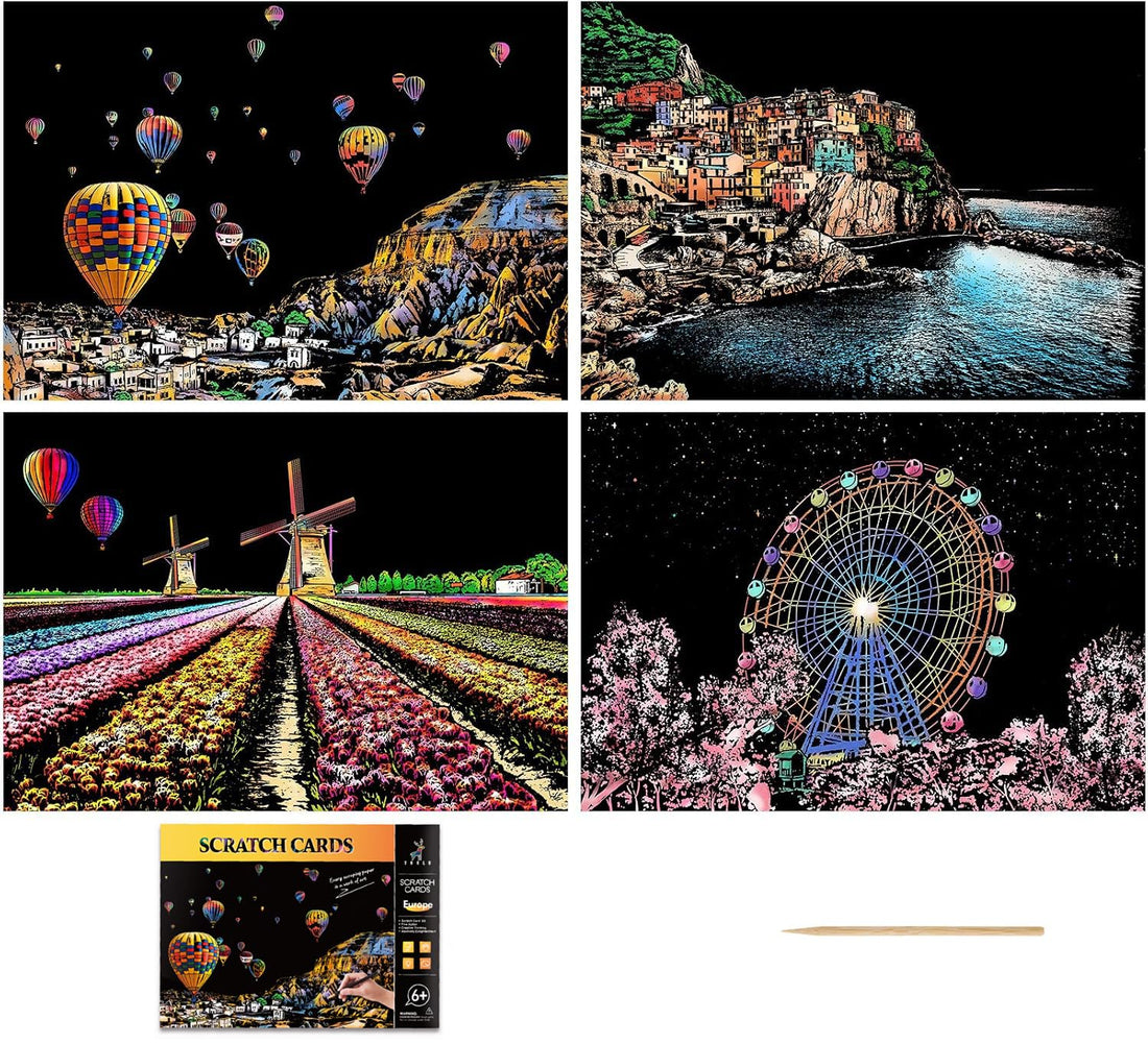 Cityscape Scratch Art Kit – Rainbow European Landscape DIY Craft for Adults
